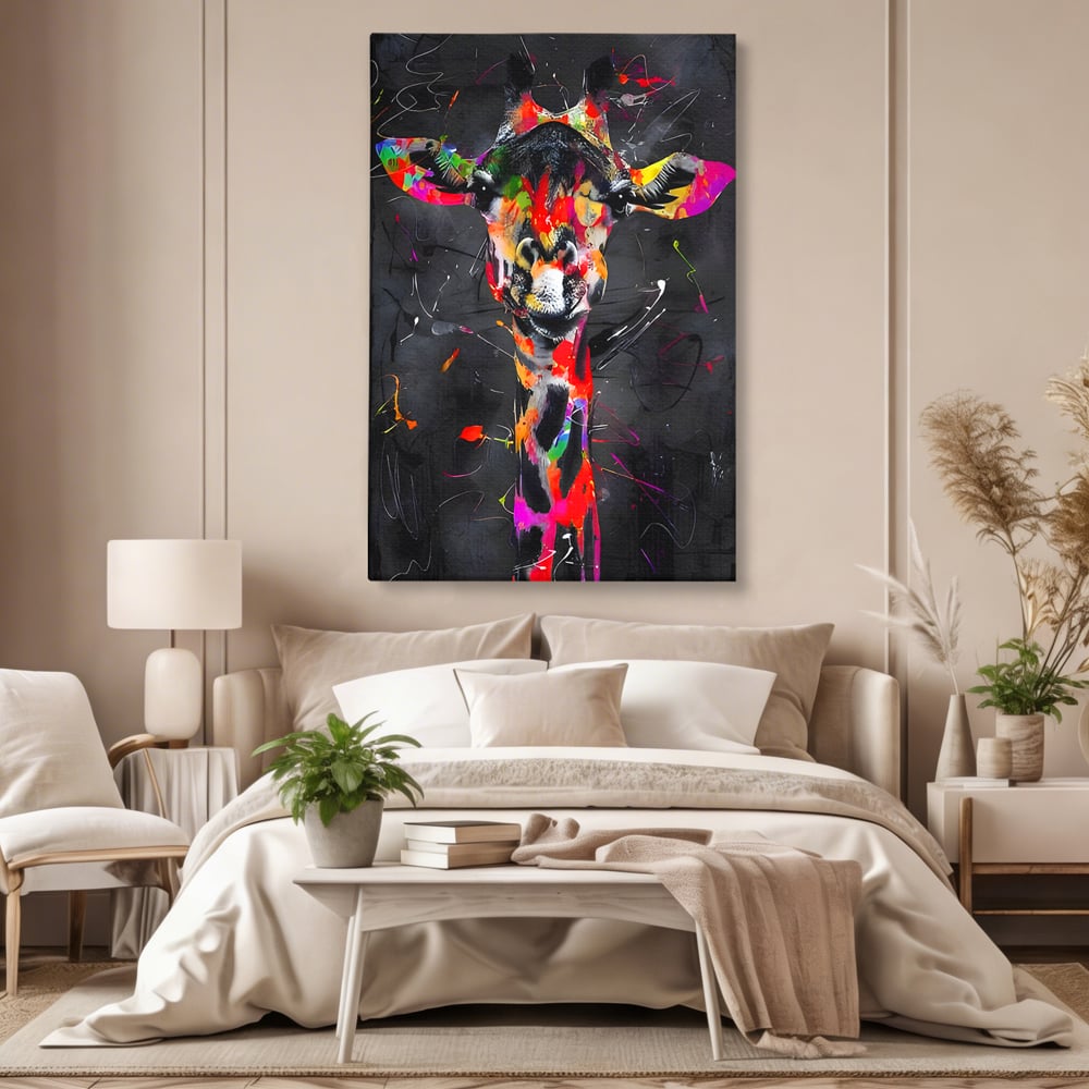 Tablou canvas cu tablou canvas cu girafa multicolor, fara rama, pe sasiu de lemn, pe perete intr-un dormitor